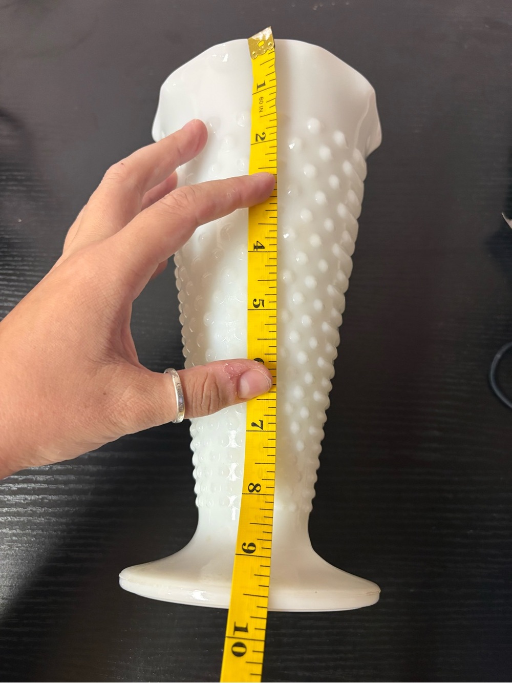 Vintage White Milk Glass Hobnail Pedestal Vase Ruffled Scalloped Rim - Picture 6 of 9